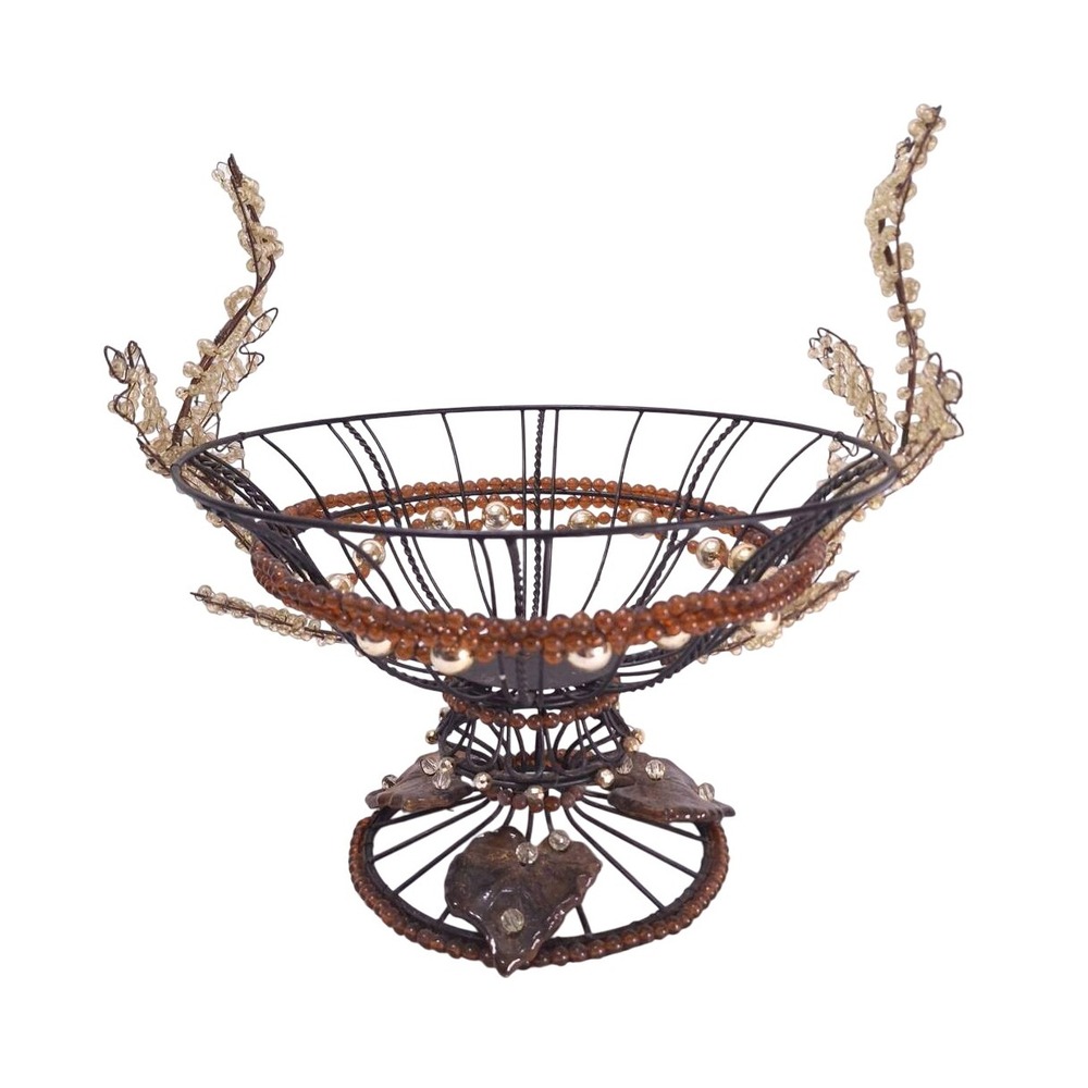 Vtg Metal Wire‎ Beaded Basket w/ Ceramic Leaves Rustic Deco Centerpiece 12.5"w - Picture 2 of 12